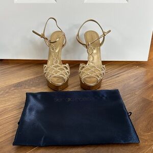 Sergio Rossi Gold Scalloped Crystal Platform Sandals